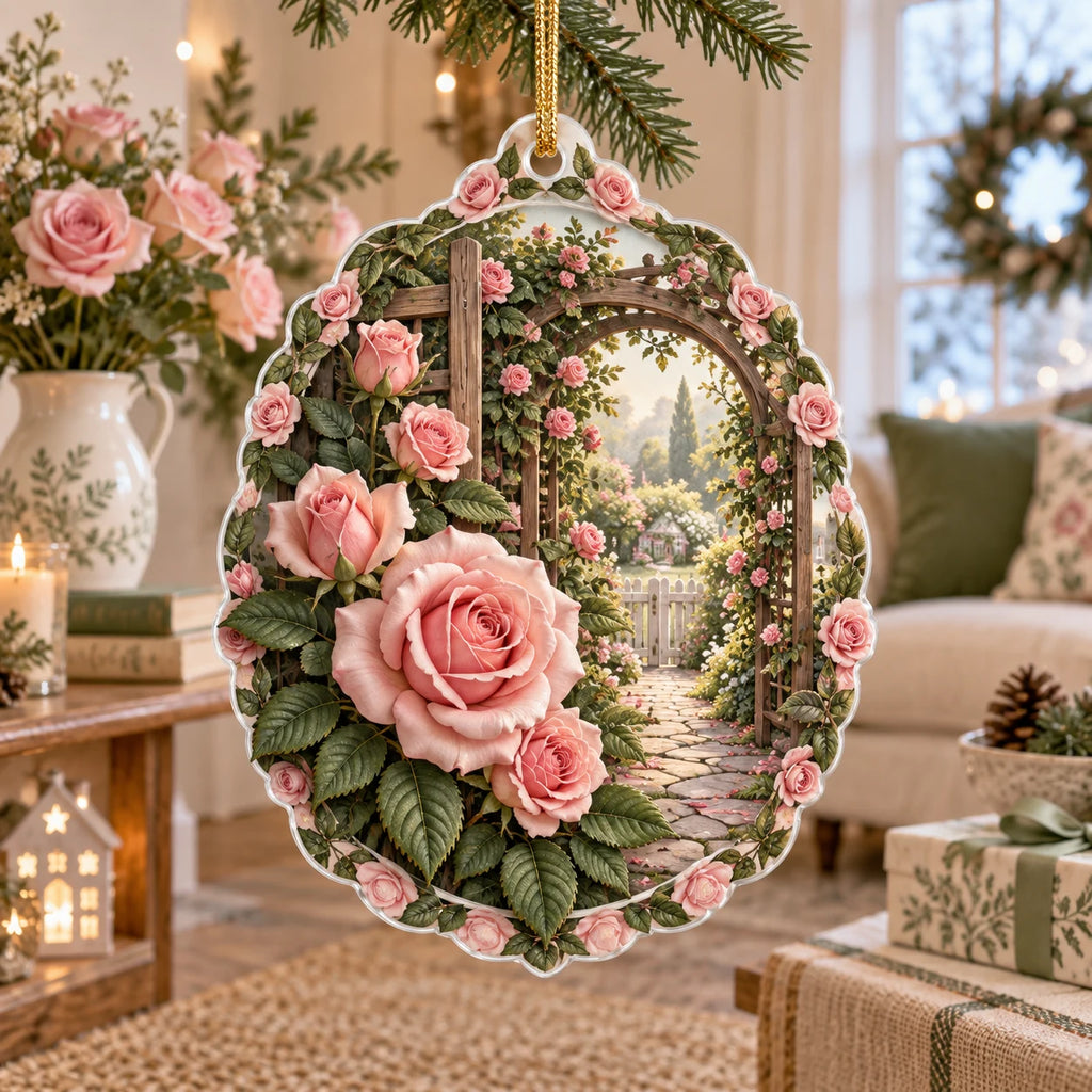 Rose garden trellis christmas ornament with blush flowers, green leaf border and printed garden depth in an airy cottage setting