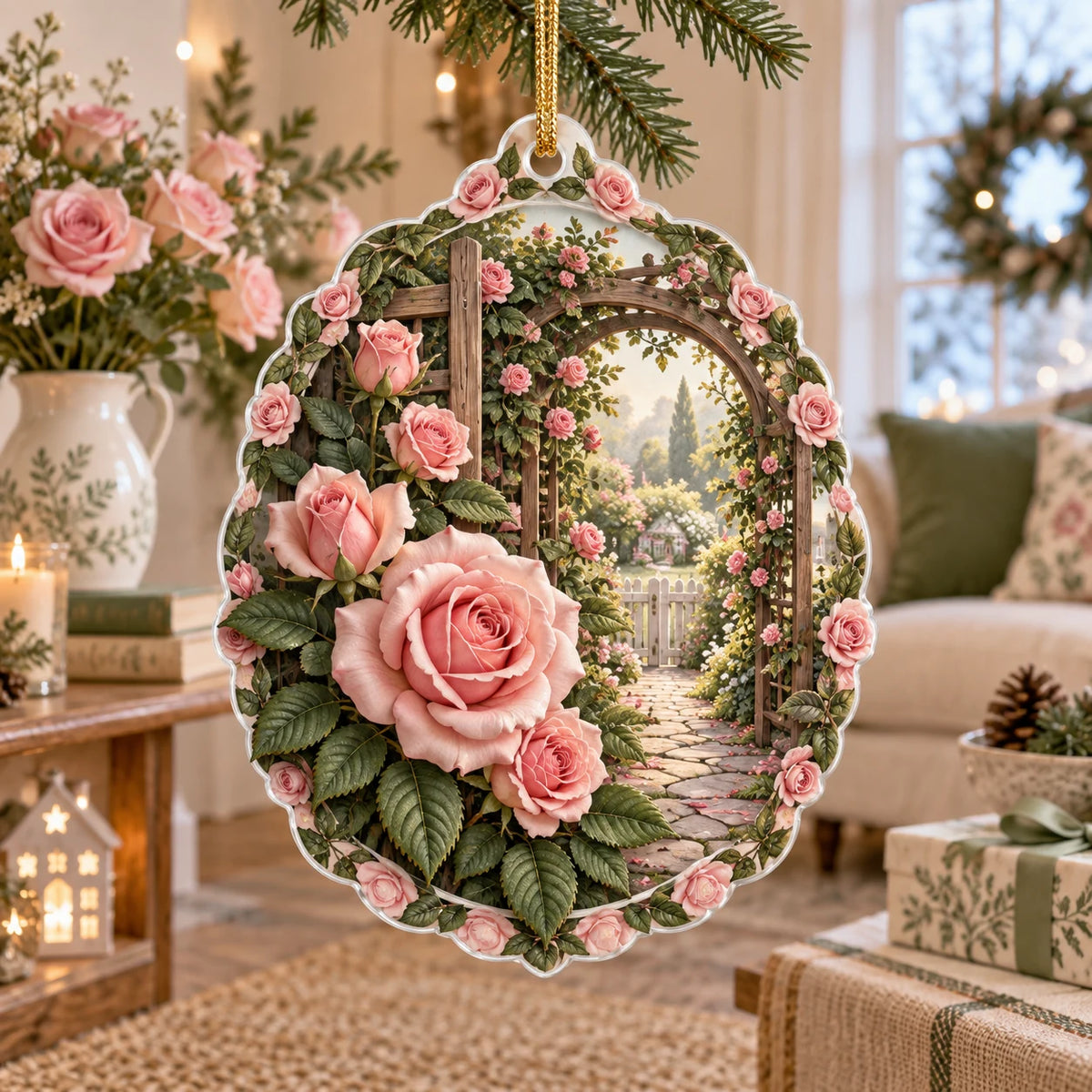 Rose garden trellis christmas ornament with blush flowers, green leaf border and printed garden depth in an airy cottage setting