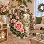 Rose garden trellis christmas ornament with blush flowers, green leaf border and printed garden depth in an airy cottage setting
