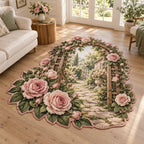 Rose garden trellis custom shape area rug with blush flowers, green leaf border and printed garden depth in an airy cottage setting