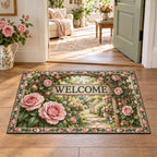 Rose garden trellis doormat with blush flowers, green leaf border and printed garden depth in an airy cottage setting