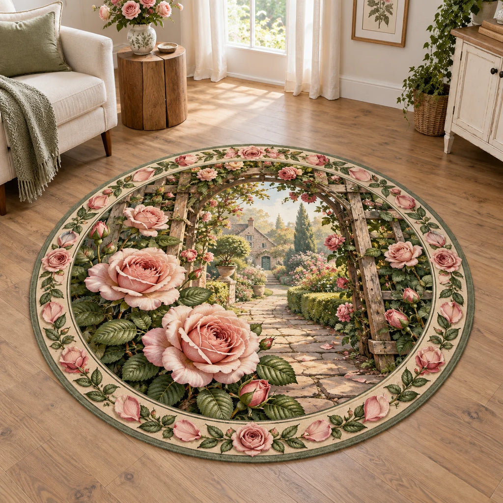 Rose garden trellis round mat rug with blush flowers, green leaf border and printed garden depth in an airy cottage setting