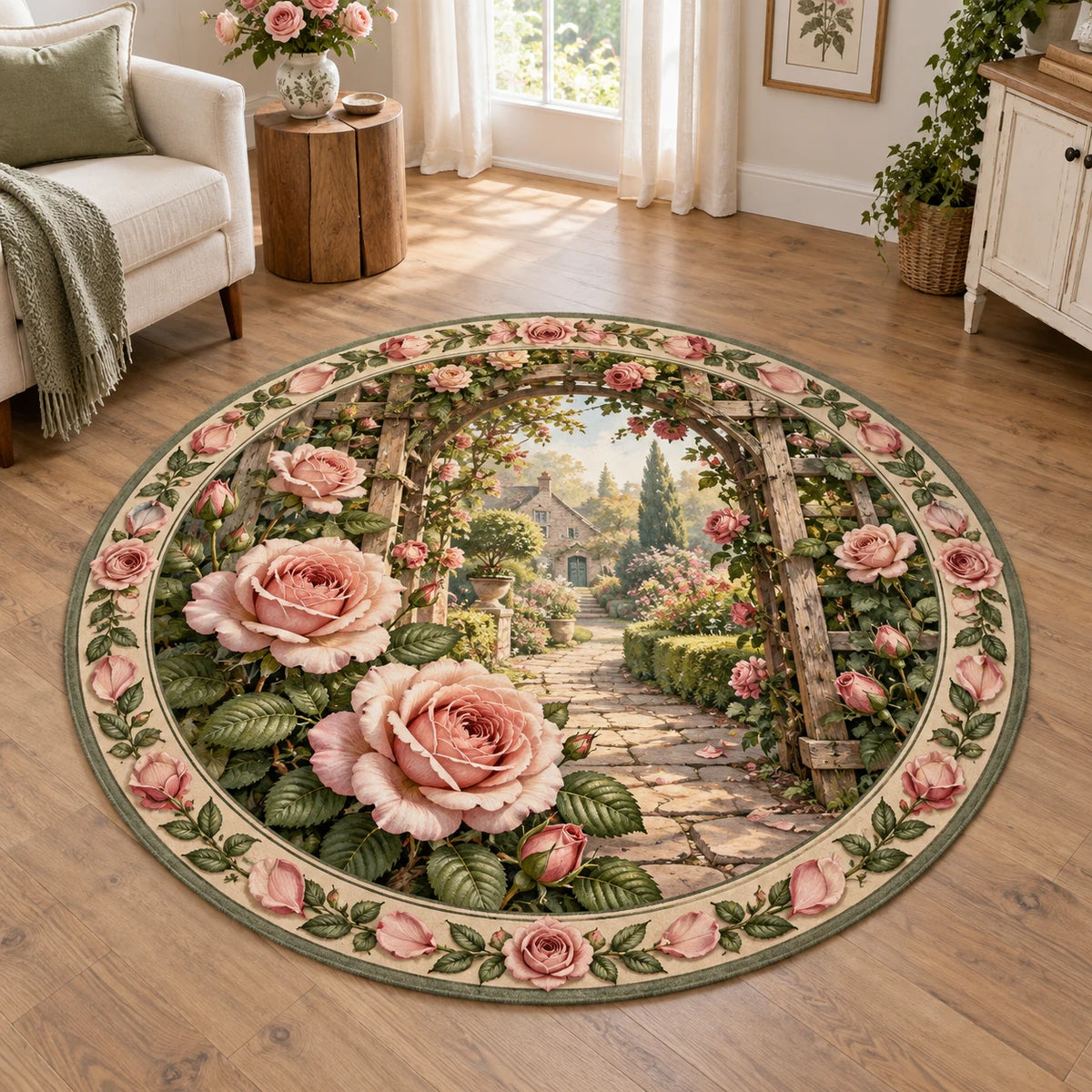 Rose garden trellis round mat rug with blush flowers, green leaf border and printed garden depth in an airy cottage setting