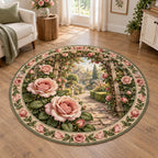 Rose garden trellis round mat rug with blush flowers, green leaf border and printed garden depth in an airy cottage setting
