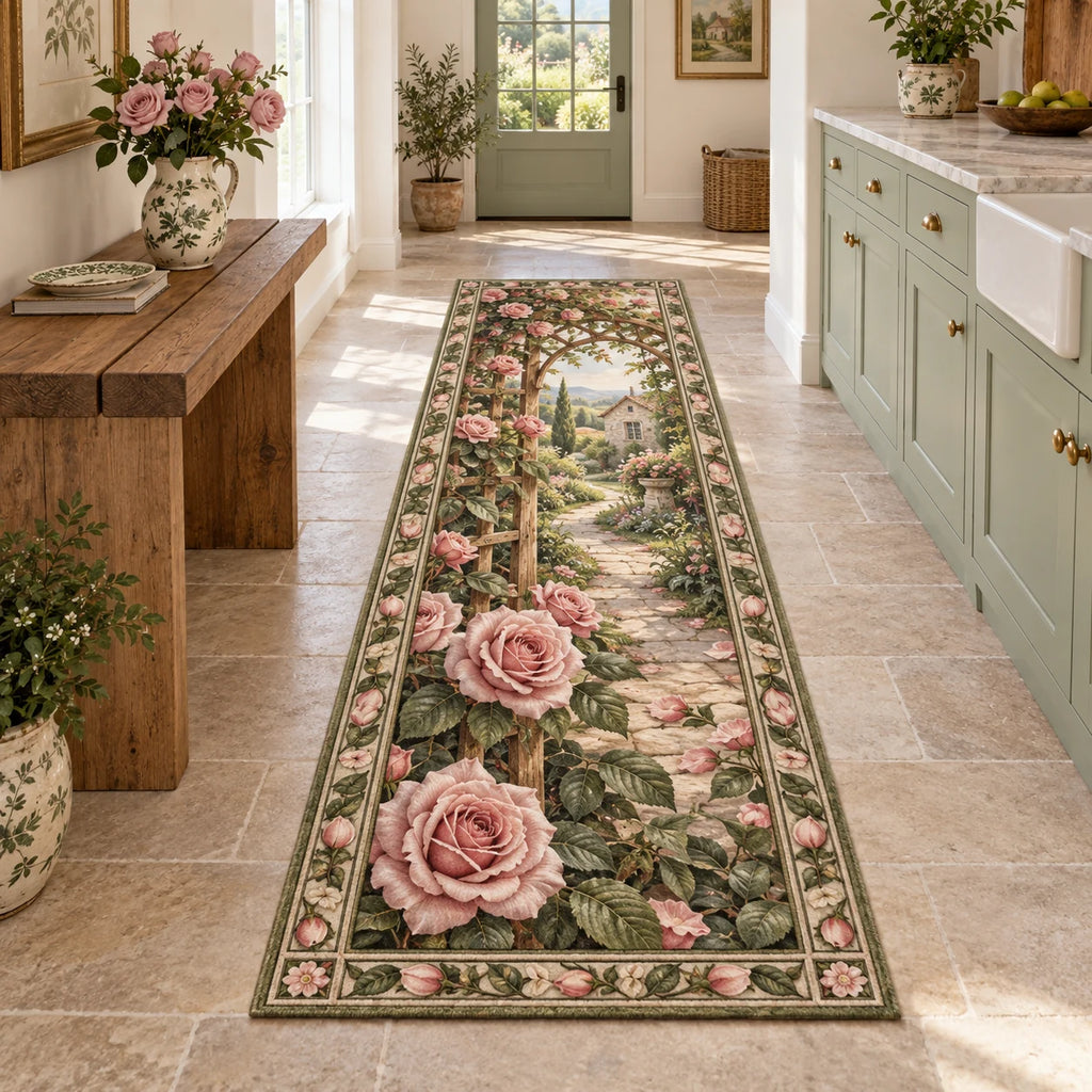 Rose garden trellis runner rug with blush flowers, green leaf border and printed garden depth in an airy cottage setting