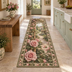 Rose garden trellis runner rug with blush flowers, green leaf border and printed garden depth in an airy cottage setting
