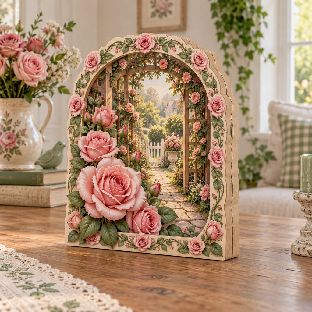 Rose garden trellis wooden block 3 layer with blush flowers, green leaf border and printed garden depth in an airy cottage setting