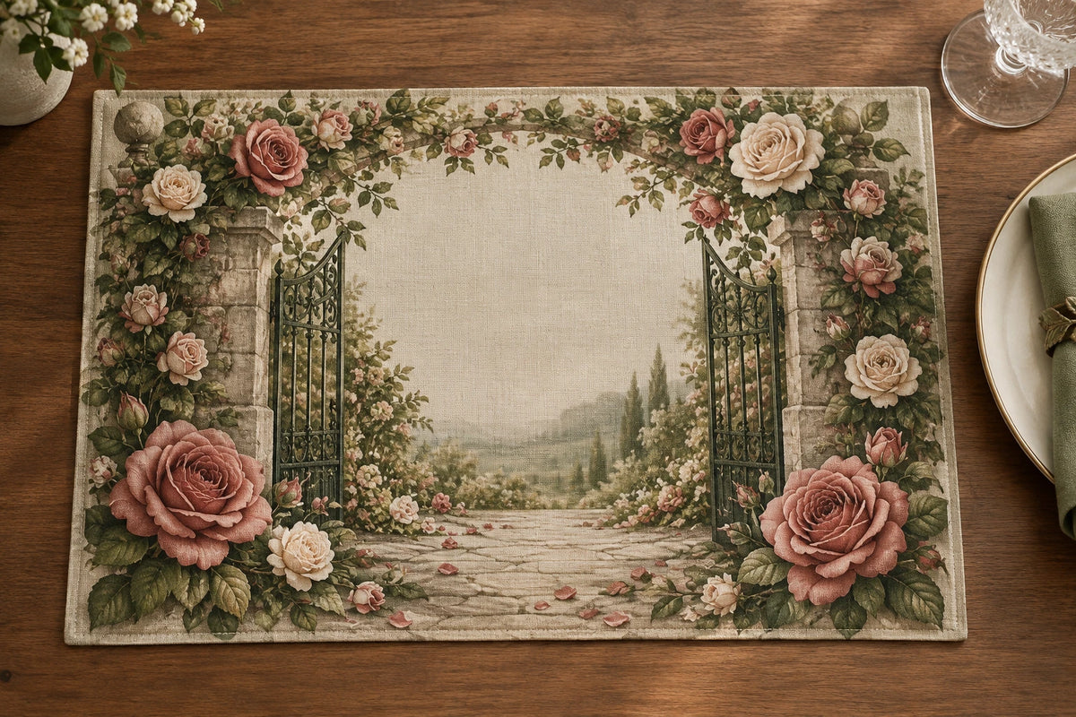 Rose Secret Gate Placemat with printed dimensional artwork