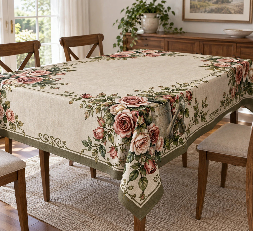 Rose Vintage Watering Can Tablecloth with printed dimensional artwork