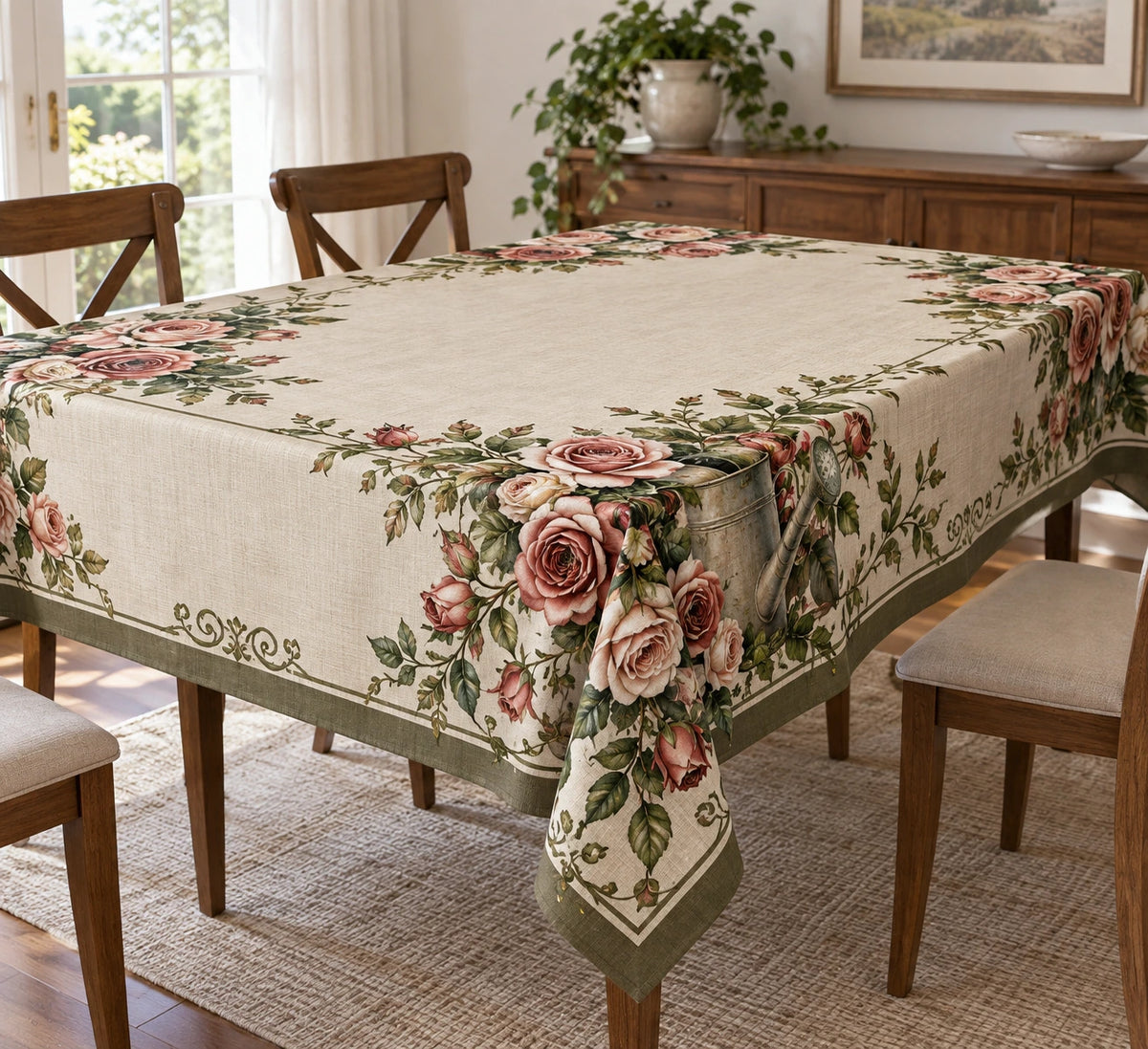Rose Vintage Watering Can Tablecloth with printed dimensional artwork