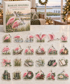Roseate Spoonbill advent calendar with 24 custom-shaped flat acrylic charms and printed dimensional artwork