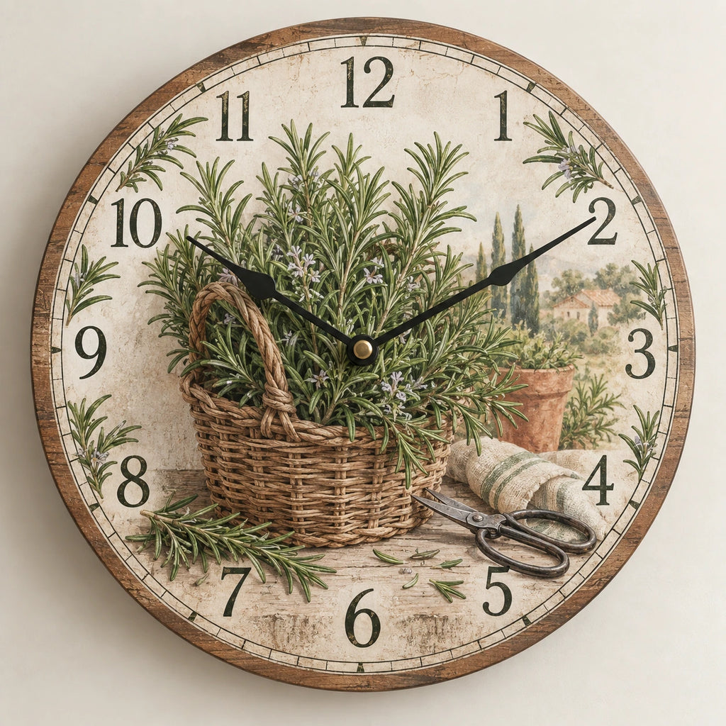 Rosemary Harvest Basket Wooden Wall Clock with printed dimensional artwork