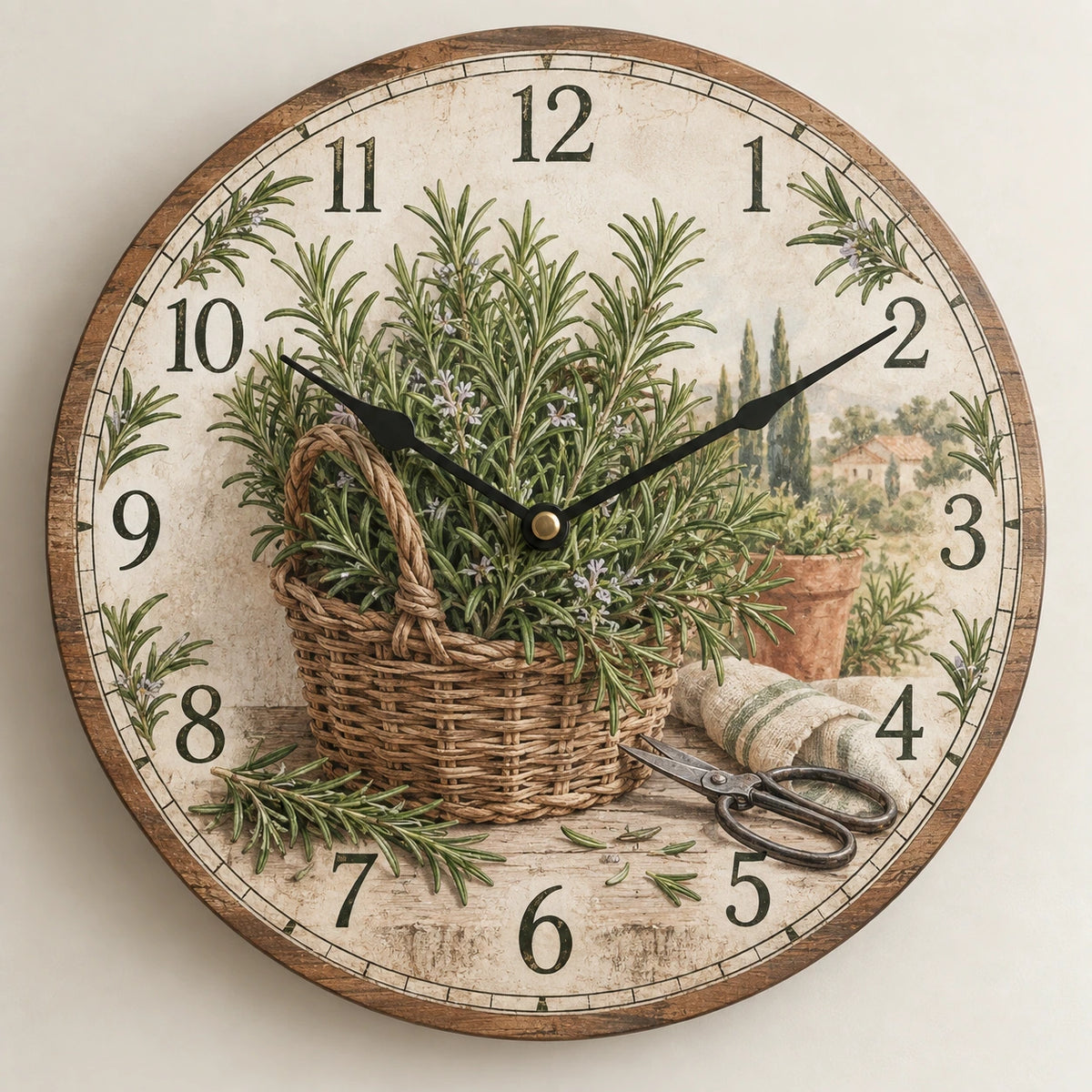 Rosemary Harvest Basket Wooden Wall Clock with printed dimensional artwork