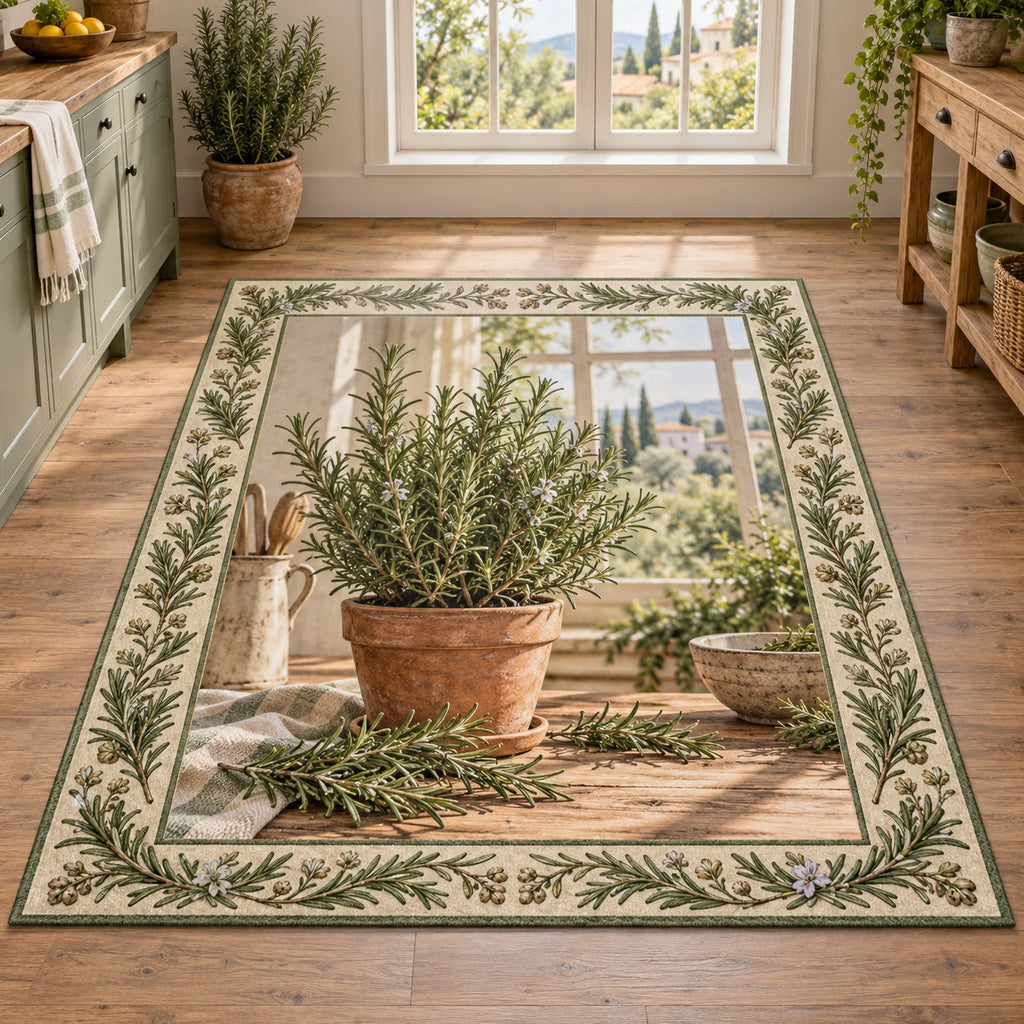 Rosemary kitchen window area rug with terracotta pot, herb sprig border and matching farmhouse kitchen setting