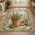 Rosemary kitchen window area rug with terracotta pot, herb sprig border and matching farmhouse kitchen setting