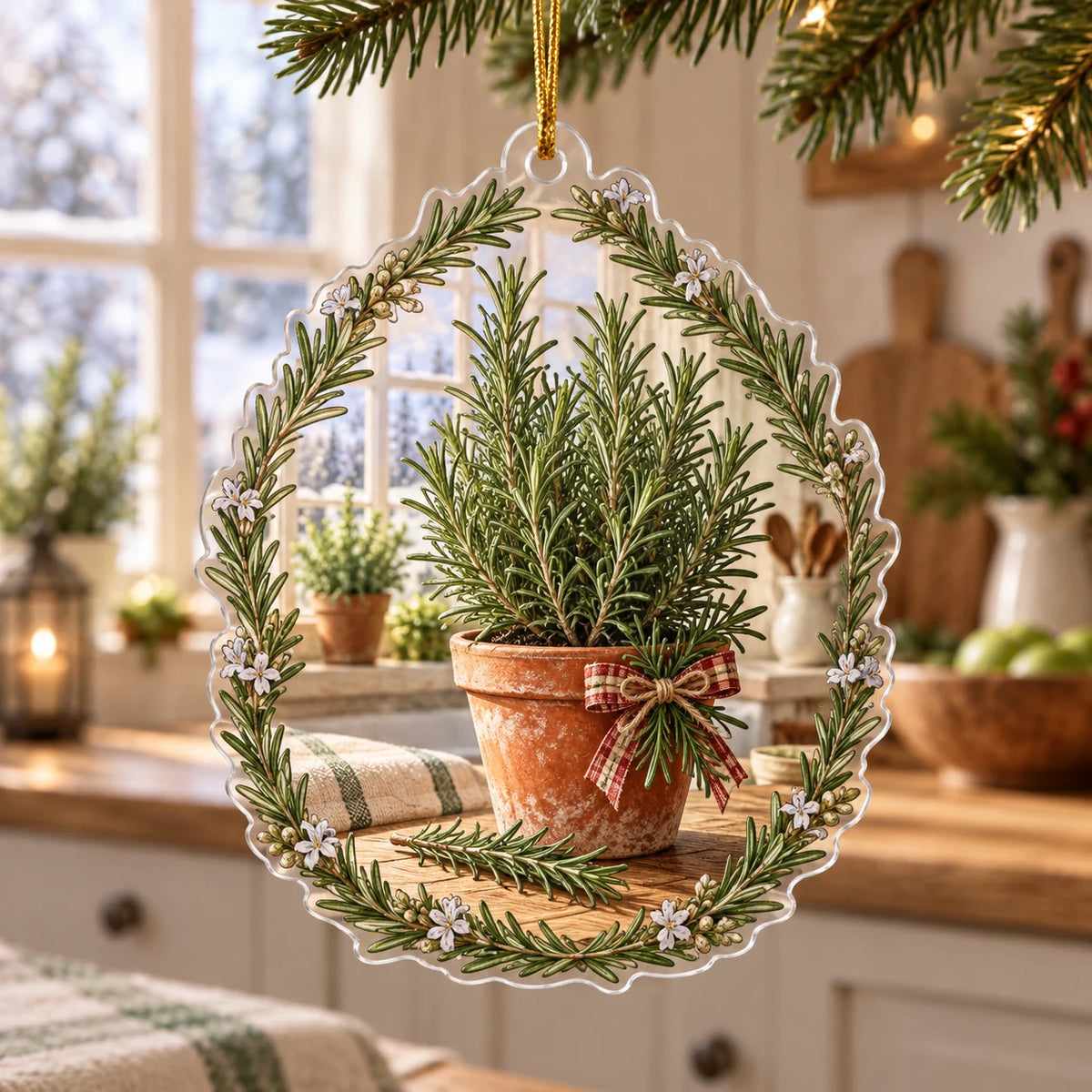 Rosemary kitchen window christmas ornament with terracotta pot, herb sprig border and matching farmhouse kitchen setting