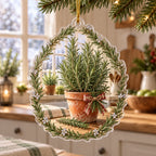 Rosemary kitchen window christmas ornament with terracotta pot, herb sprig border and matching farmhouse kitchen setting