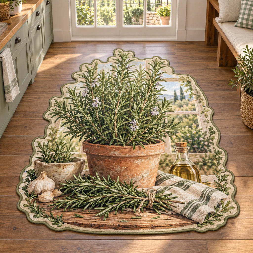Rosemary kitchen window custom shape area rug with terracotta pot, herb sprig border and matching farmhouse kitchen setting