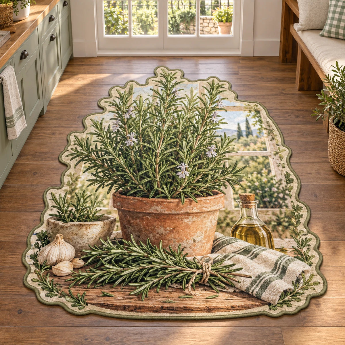 Rosemary kitchen window custom shape area rug with terracotta pot, herb sprig border and matching farmhouse kitchen setting