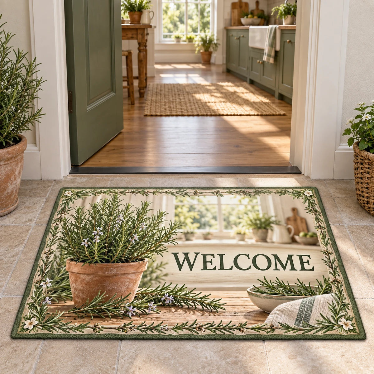 Rosemary kitchen window doormat with terracotta pot, herb sprig border and matching farmhouse kitchen setting