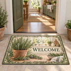 Rosemary kitchen window doormat with terracotta pot, herb sprig border and matching farmhouse kitchen setting