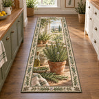 Rosemary kitchen window runner rug with terracotta pot, herb sprig border and matching farmhouse kitchen setting