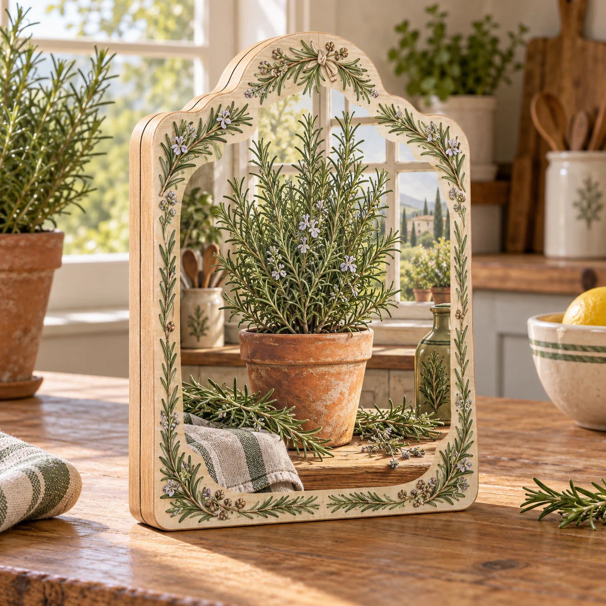 Rosemary kitchen window wooden block 3 layer with terracotta pot, herb sprig border and matching farmhouse kitchen setting