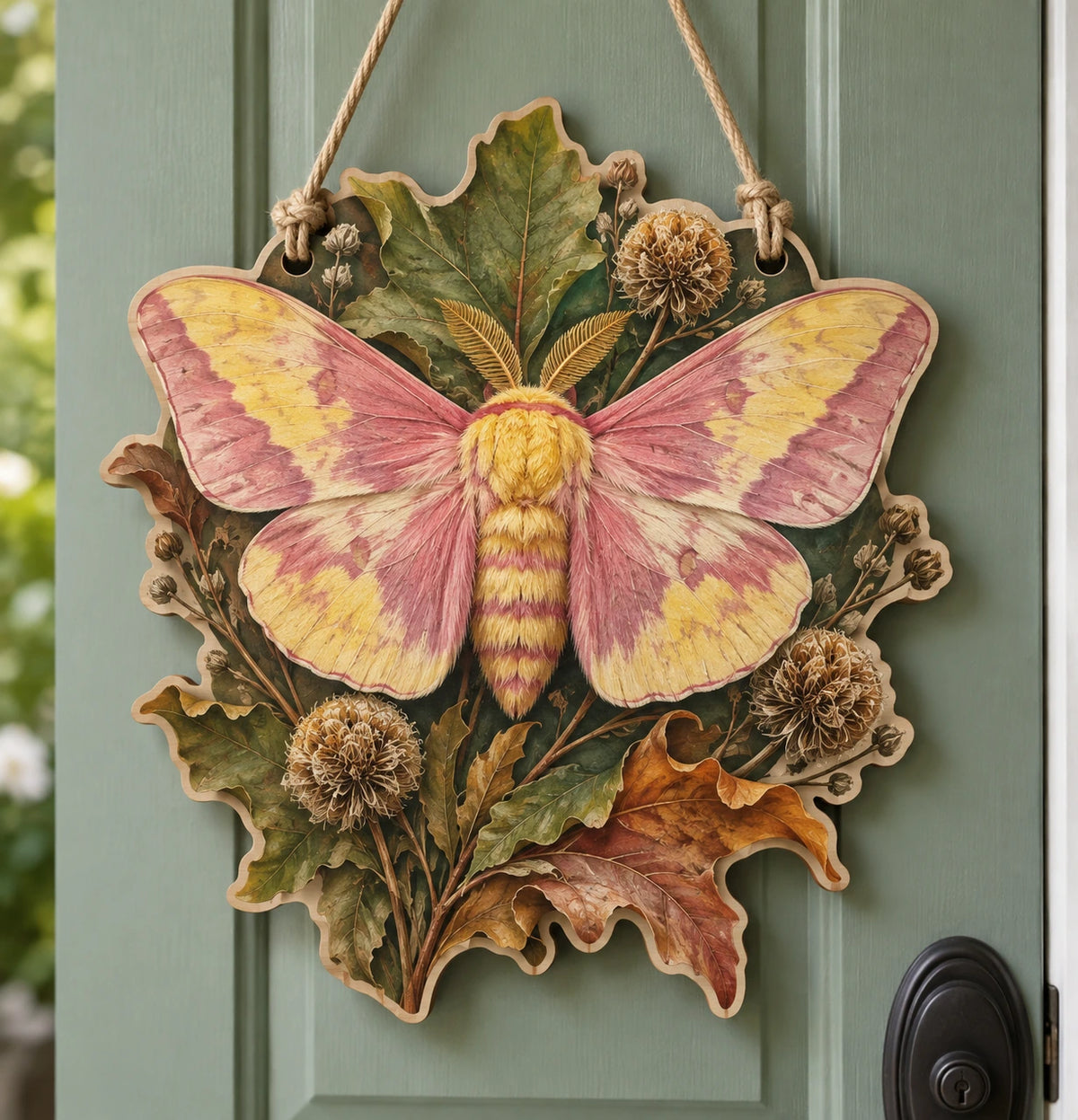 Rosy Maple Moth Harvest Garden Custom Shape Door Hanger with printed dimensional artwork