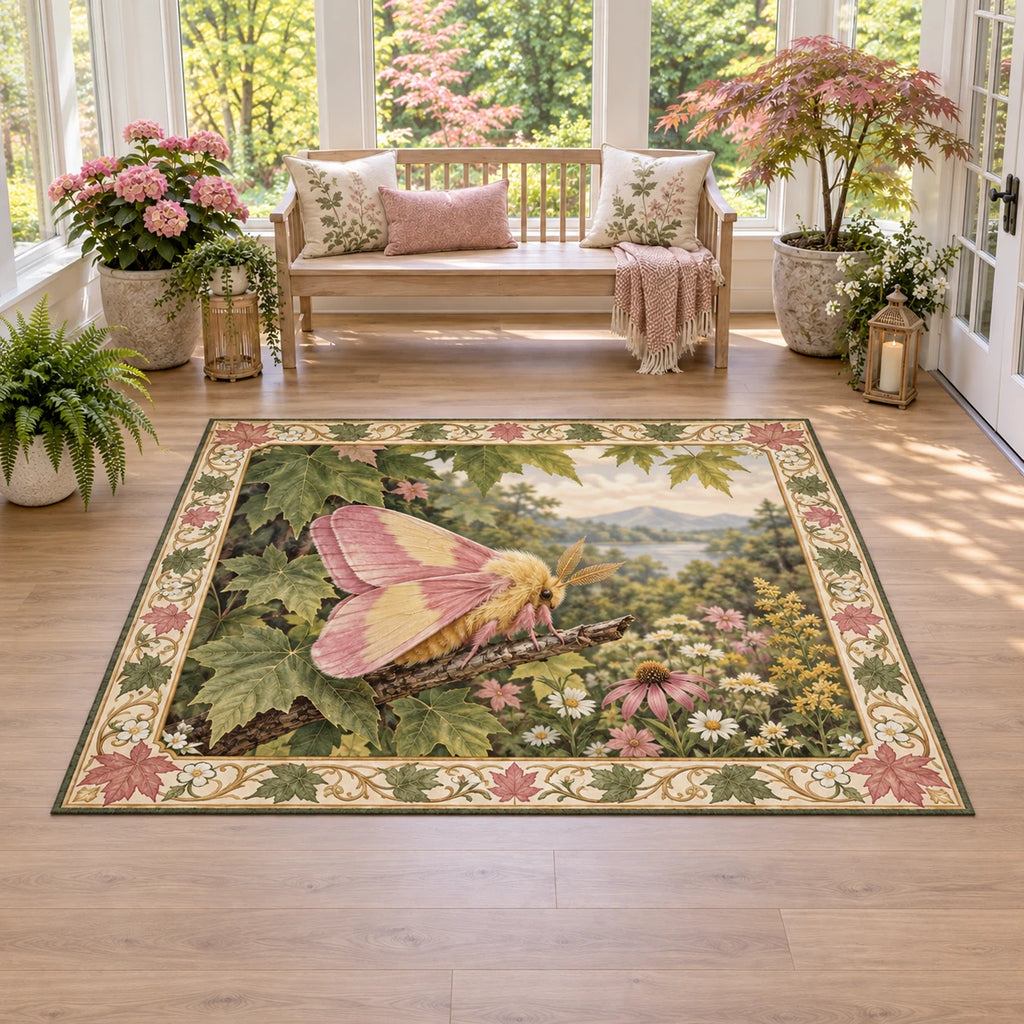 Rosy maple moth area rug with pink and yellow wings, maple leaves and wildflowers in a botanical cottage setting.