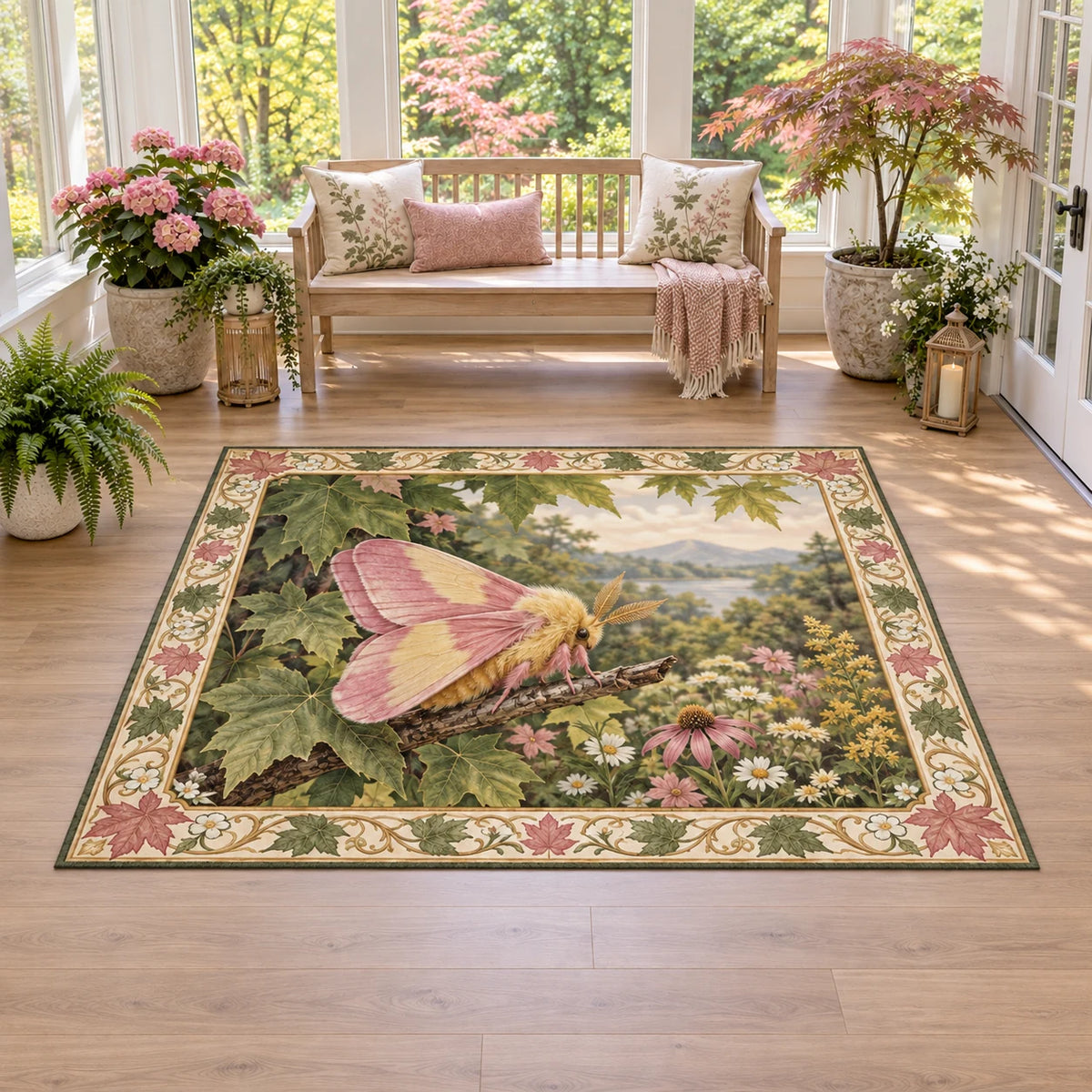 Rosy maple moth area rug with pink and yellow wings, maple leaves and wildflowers in a botanical cottage setting.