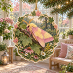 Rosy maple moth christmas ornament with pink and yellow wings, maple leaves and wildflowers in a botanical cottage setting.