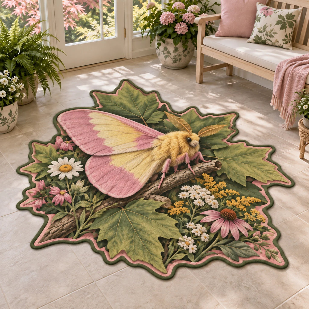 Rosy maple moth custom shape area rug with pink and yellow wings, maple leaves and wildflowers in a botanical cottage setting.