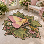 Rosy maple moth custom shape area rug with pink and yellow wings, maple leaves and wildflowers in a botanical cottage setting.