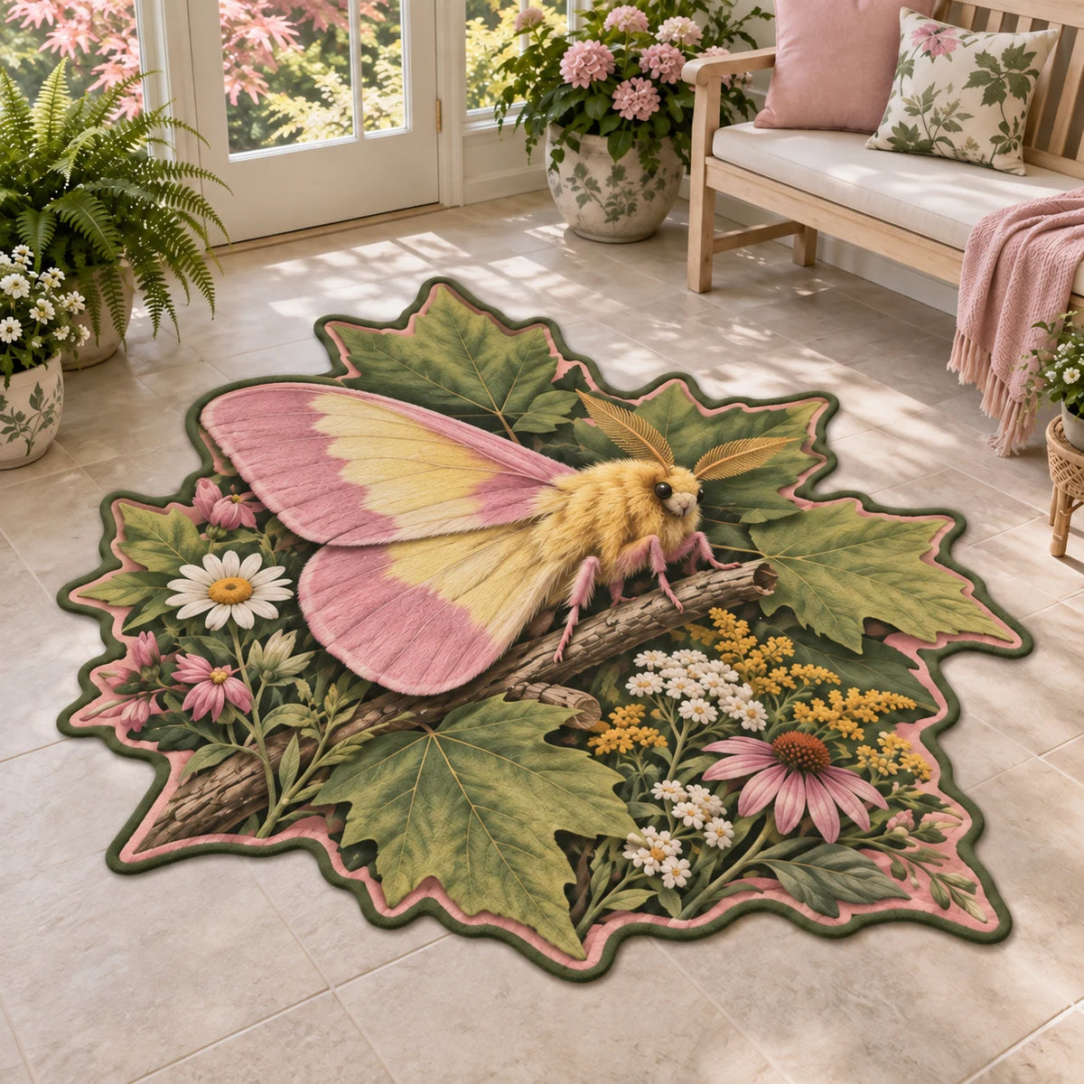 Rosy maple moth custom shape area rug with pink and yellow wings, maple leaves and wildflowers in a botanical cottage setting.