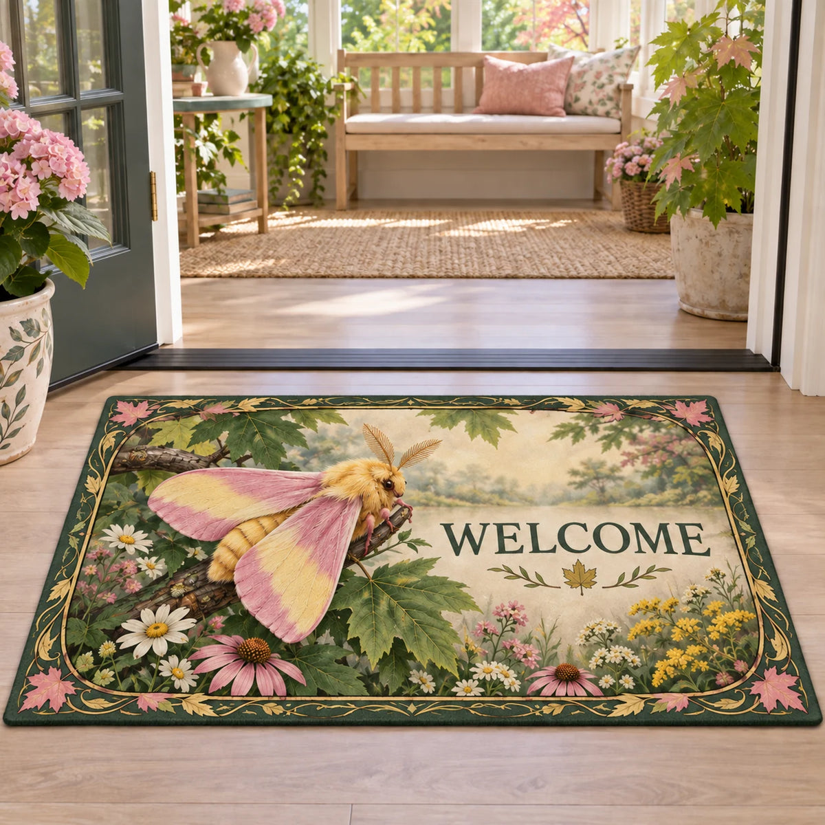 Rosy maple moth doormat with pink and yellow wings, maple leaves and wildflowers in a botanical cottage setting.