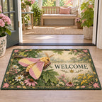 Rosy maple moth doormat with pink and yellow wings, maple leaves and wildflowers in a botanical cottage setting.