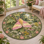 Rosy maple moth round mat rug with pink and yellow wings, maple leaves and wildflowers in a botanical cottage setting.