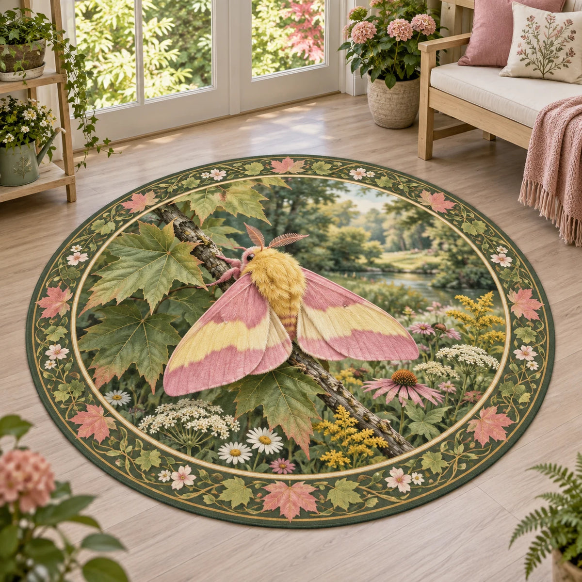 Rosy maple moth round mat rug with pink and yellow wings, maple leaves and wildflowers in a botanical cottage setting.