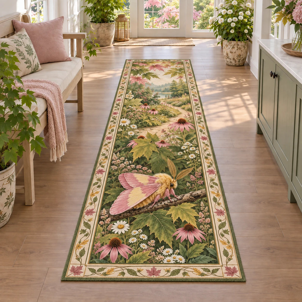 Rosy maple moth runner rug with pink and yellow wings, maple leaves and wildflowers in a botanical cottage setting.