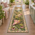 Rosy maple moth runner rug with pink and yellow wings, maple leaves and wildflowers in a botanical cottage setting.
