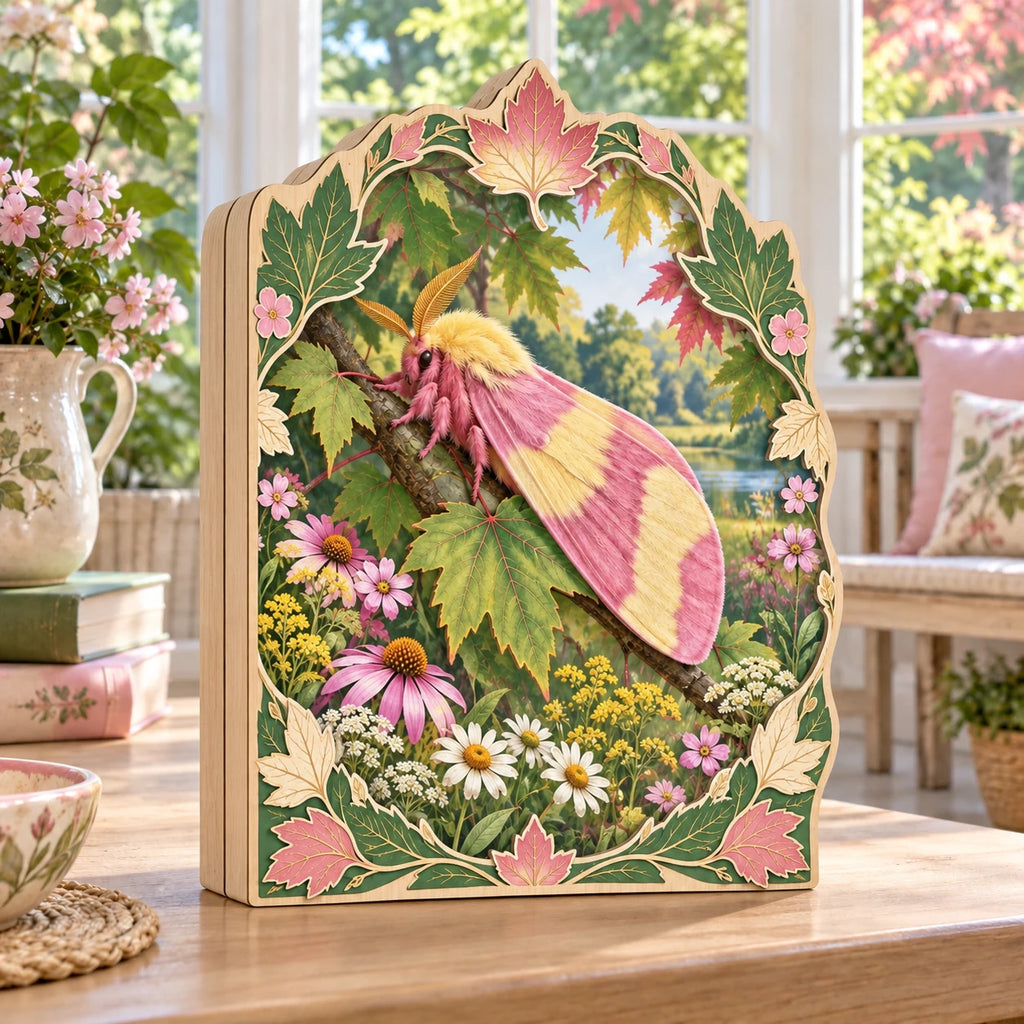 Rosy maple moth wooden block 3 layer with pink and yellow wings, maple leaves and wildflowers in a botanical cottage setting.
