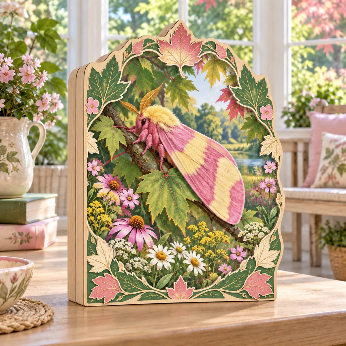 Rosy maple moth wooden block 3 layer with pink and yellow wings, maple leaves and wildflowers in a botanical cottage setting.