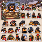 Rottweiler advent calendar box with full set of 24 illustrated acrylic charms on a warm ivory tabletop
