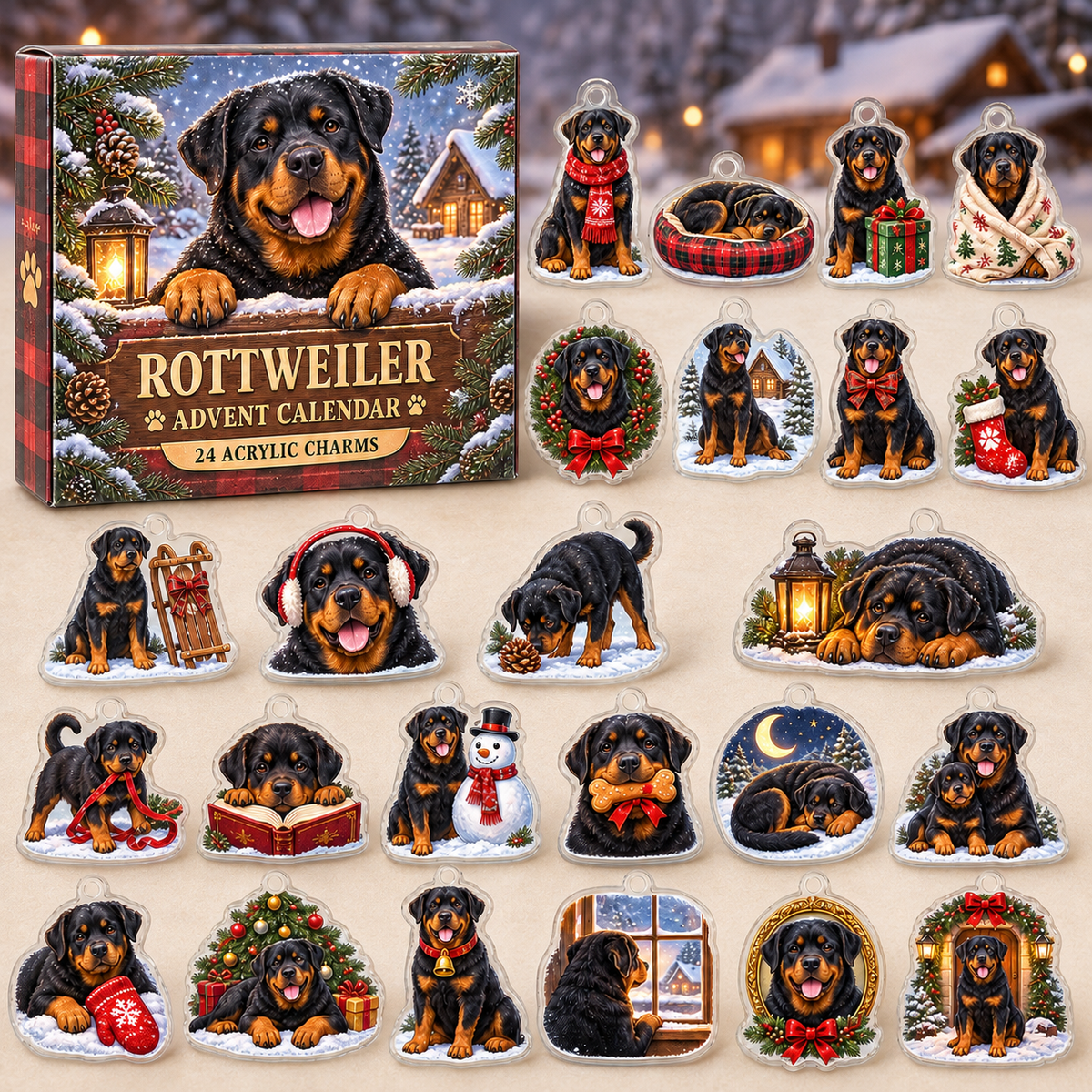 Rottweiler advent calendar box with full set of 24 illustrated acrylic charms on a warm ivory tabletop