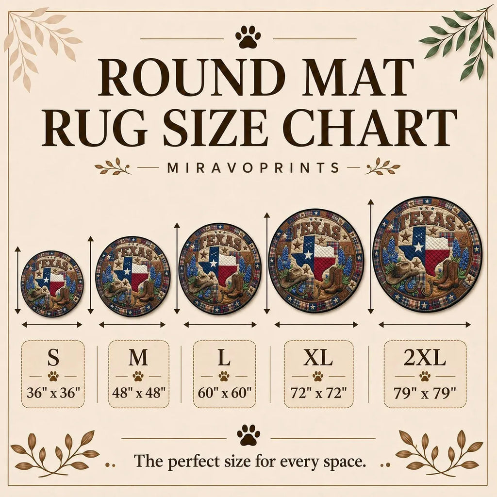 MiravoPrints round mat rug product information, reference card 3; example artwork may differ