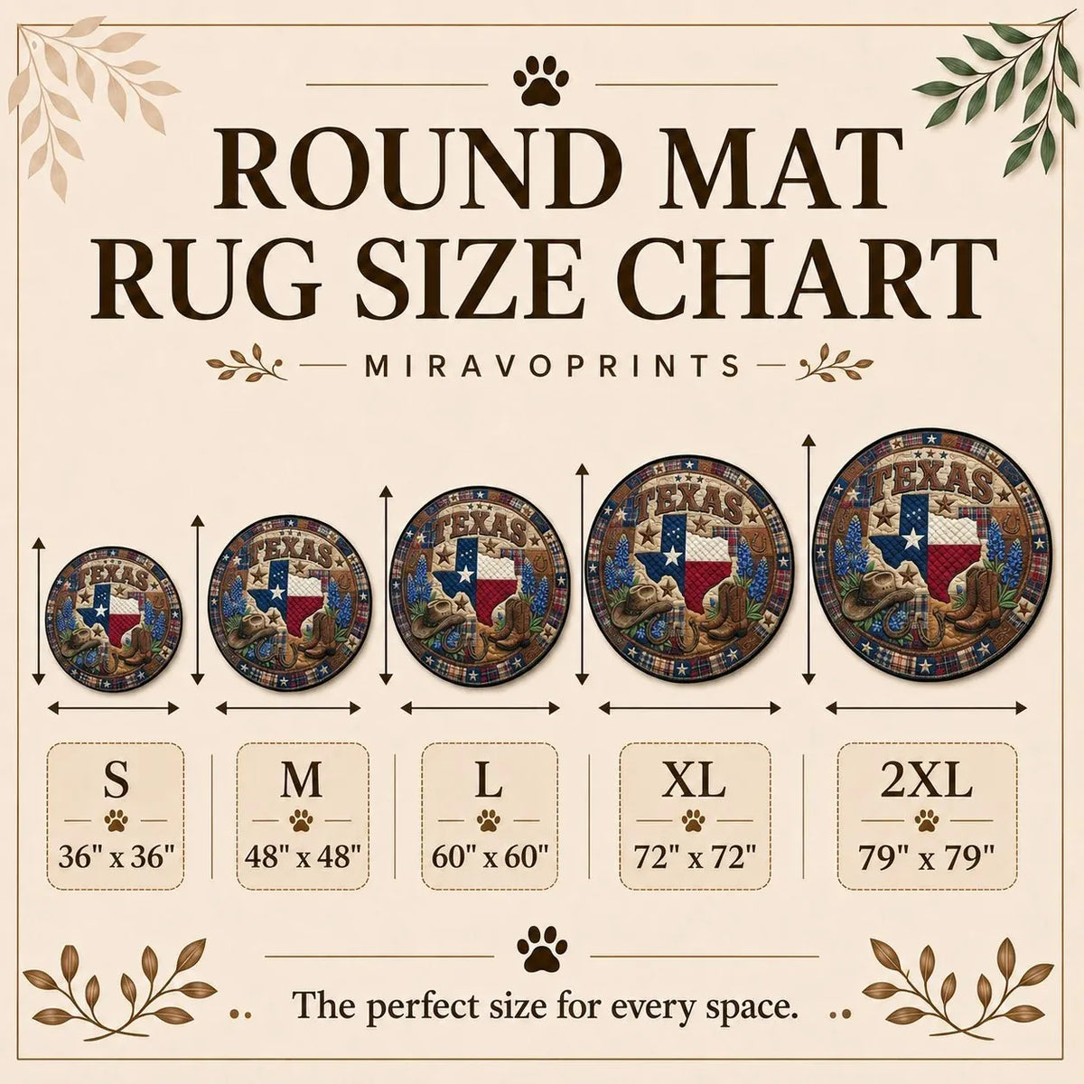 MiravoPrints round mat rug product information, reference card 3; example artwork may differ