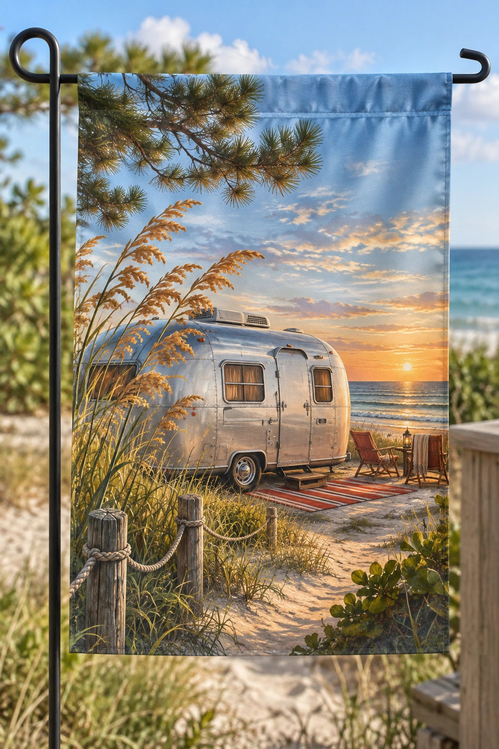 Rounded Travel Trailer Coastal Camp Garden Flag with printed dimensional artwork