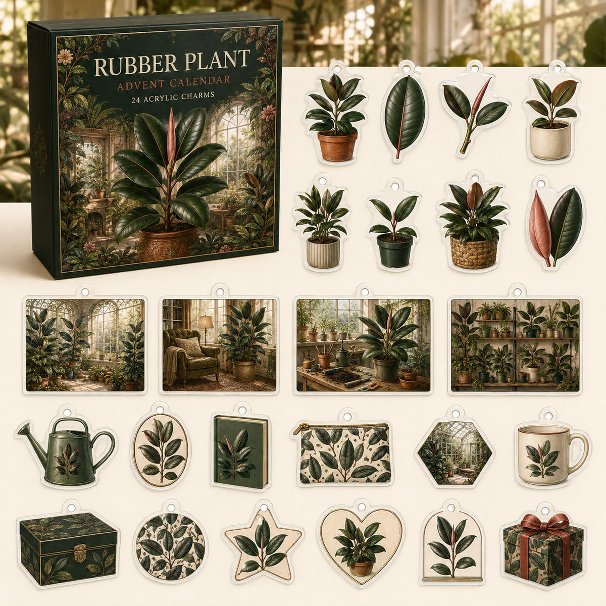 Rubber Plant advent calendar box and 24 botanical-themed printed acrylic charms