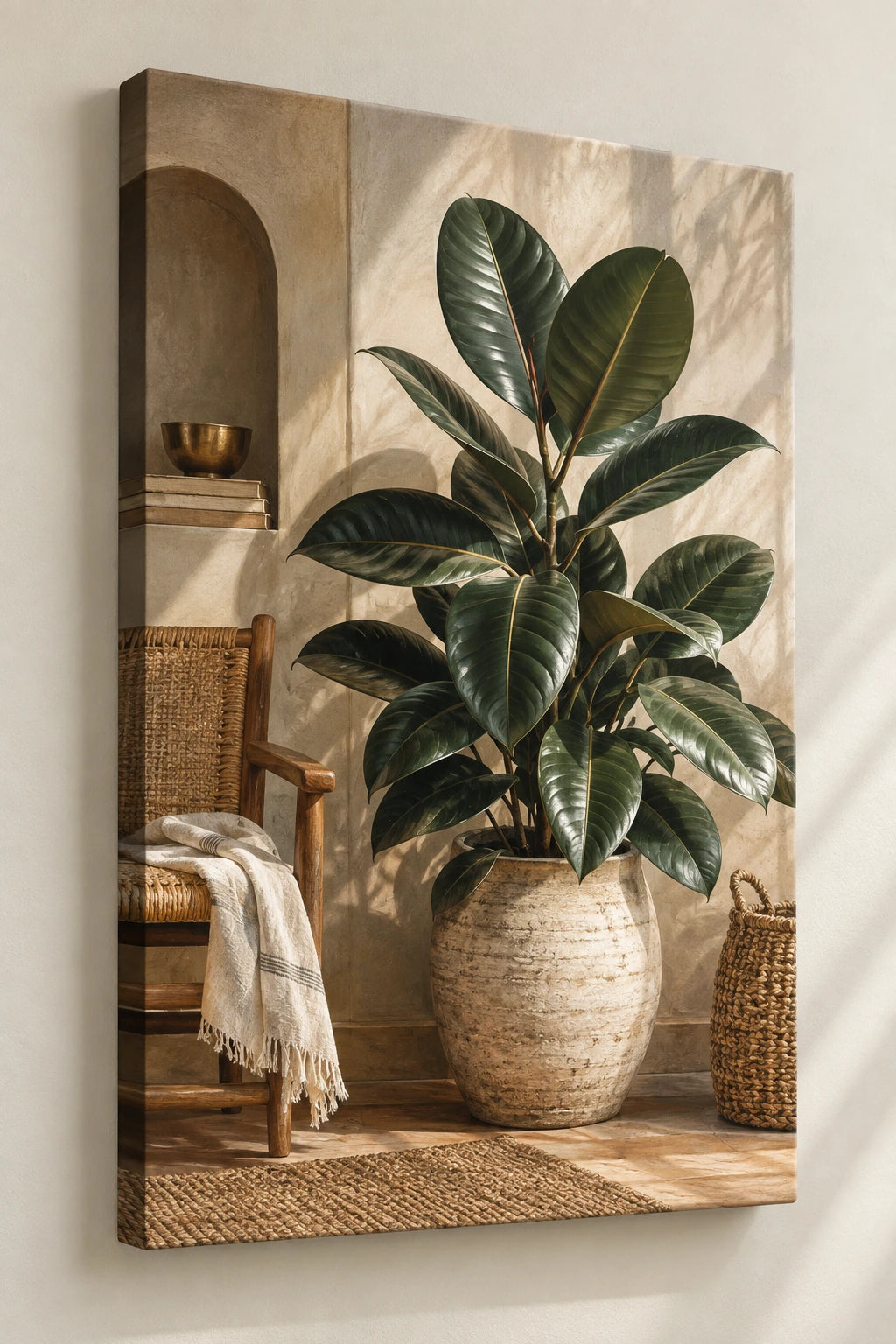 Rubber Plant Rattan Corner Canvas Wall Art with printed dimensional artwork