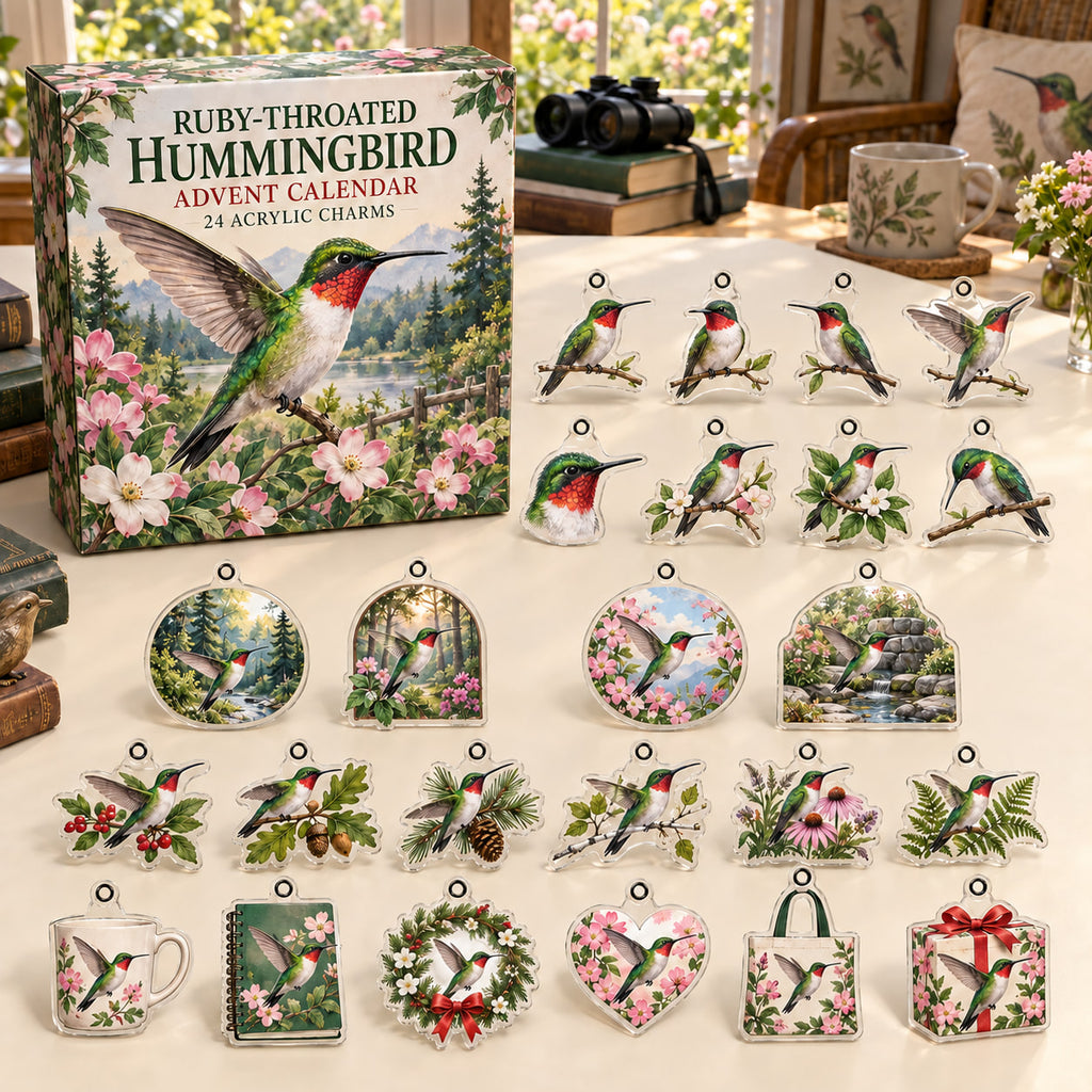 Ruby-Throated Hummingbird advent calendar box with 24 themed flat printed acrylic charms